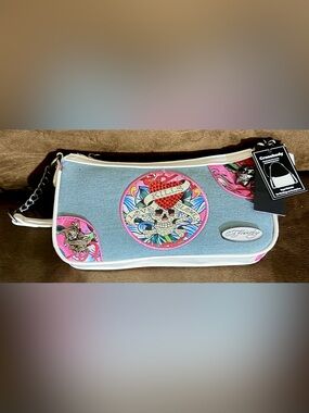 Ed Hardy Love Kills Slowly Denim and Pink Crossbody Bag NWT